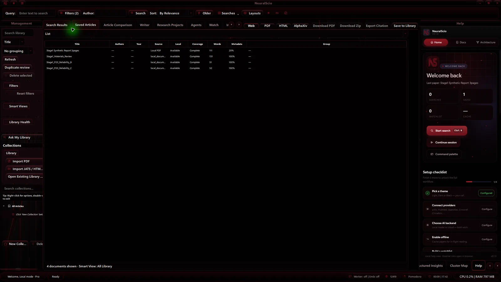 NeuralScio Library showing synthetic saved items and a local PDF in the matching desktop appearance. Open the image for its full-size version.