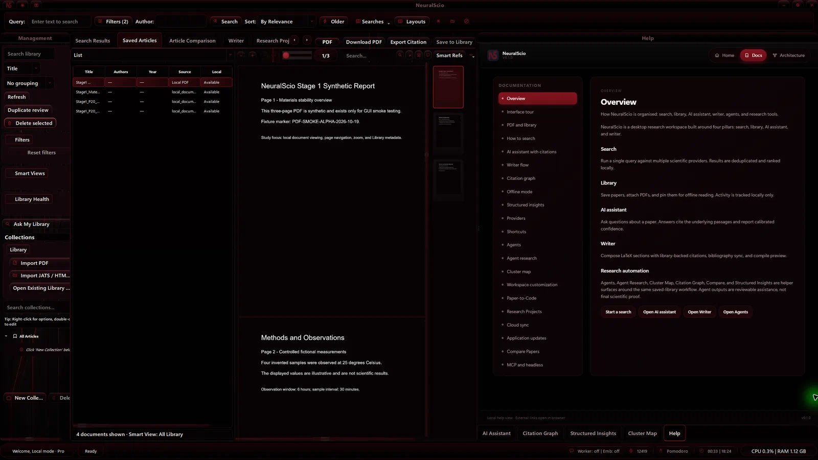 NeuralScio PDF Reader displaying page 1 of a synthetic three-page report with page thumbnails and reading controls. Open the image for its full-size version.