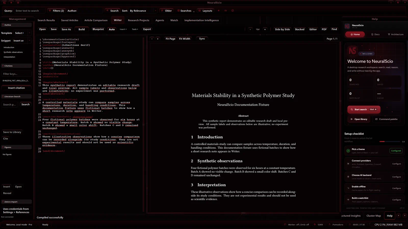 Neural Writer showing a synthetic LaTeX draft beside its rendered PDF preview in the corresponding desktop appearance. Open the image for its full-size version.